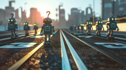 robots, technology, city, futuristic, sunset, urban, AI, automation, artificial intelligence, innovation A group of small, cartoonish robots with glowing eyes standing on a track in a futuristic cit