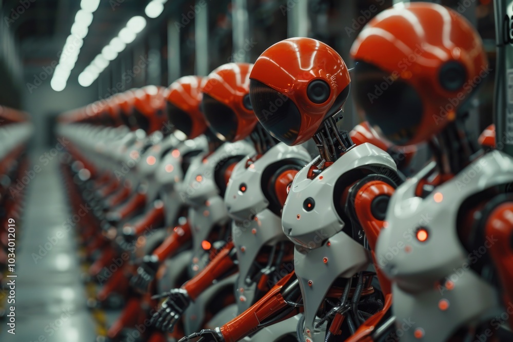 Aufkleber row of industrial robots assembled on a production line, ready for use