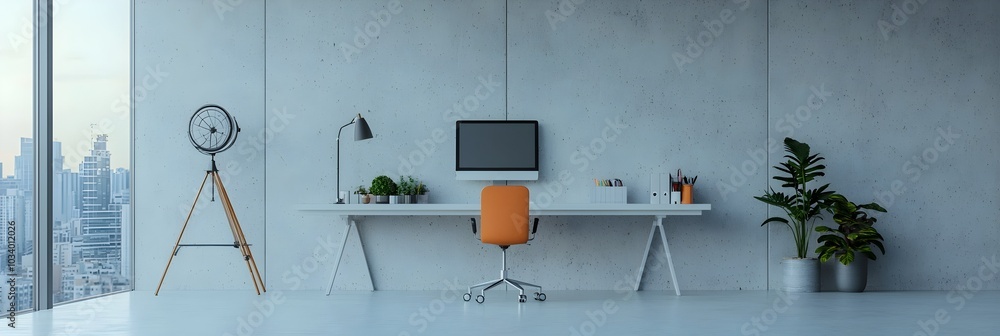 Poster bright and airy minimalist corporate office workspace with desks and expansive windows representing 