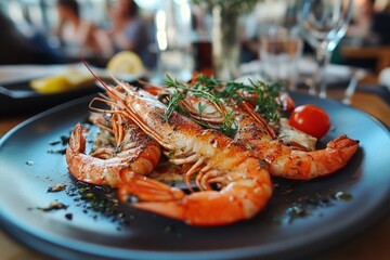 Exquisite Grilled Prawns with Fresh Herbs Served on a Plate