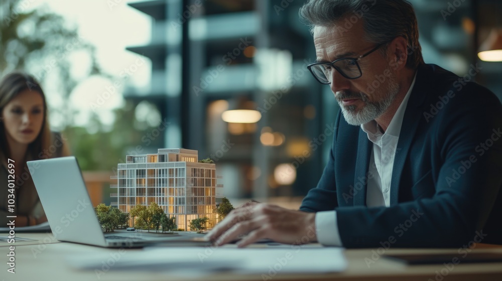 Poster Man sitting at a table with a laptop, typing away