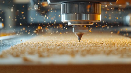 A milling machine cutting a wooden plank in a workshop setting