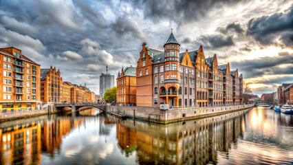 Obraz premium A picturesque view of a historic building with a bridge and canal in the foreground, under a cloudy sky.