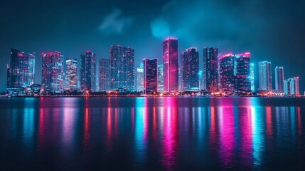 Fototapeta premium Neon colors glowing brightly on the city's skyscrapers, softly lit, reflecting off the buildings, creating a dazzling nighttime cityscape.