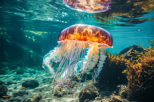 Qualle schwimmt im klare blauen Meer, Generative AI