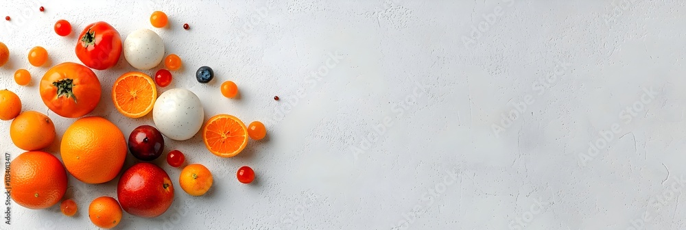 Aufkleber Captivating overhead view of a colorful arrangement of fresh juicy fruits scattered across a pristine white marble surface creating a visually striking and appetizing still life composition