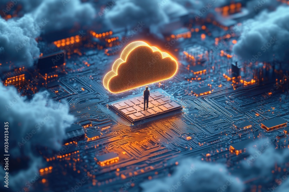 Poster a person standing on top of a circuit board, surrounded by clouds