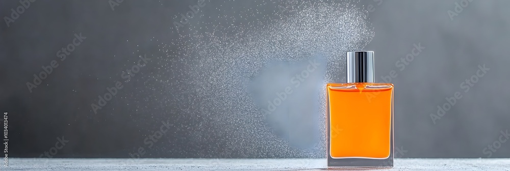 Poster Captivating slow motion footage of an elegant perfume mist spraying through the air catching the light in a mesmerizing display of shimmering droplets and sparkling reflections