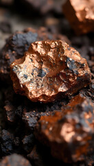 Fototapeta premium Macro photography of copper ore, showcasing intricate textures and colors. Ideal for mining, geology, and natural resource discussions, highlighting the beauty of raw materials