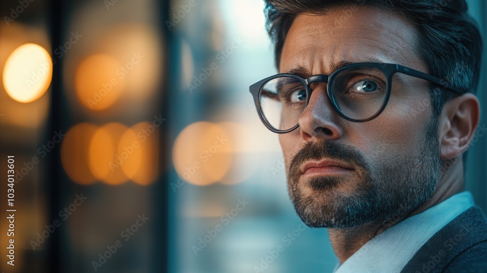 Poster professional-looking individual with suit and glasses looking directly at the viewer, suitable for c