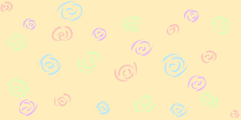 Seamless abstract pattern featuring pastel-colored swirl shapes on a soft yellow background. Ideal for textiles, wallpapers, and cheerful, playful decorative projects.