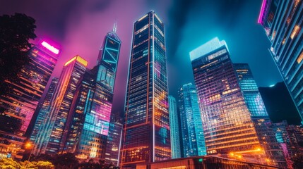 Obraz premium Skyscrapers glowing with bright neon hues, softly illuminated, reflecting the vibrant and modern feel of a bustling cityscape.