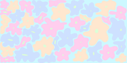 Soft pastel abstract floral pattern with organic shapes in blue, pink, and yellow on a light background. Perfect for textiles, wallpapers, and playful designs.