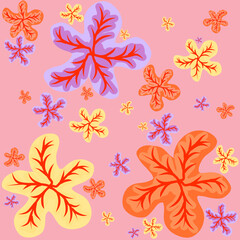 Fototapeta premium Vibrant seamless pattern featuring colorful abstract leaves with red veins on a pink background. Ideal for bold textile designs, wallpapers, and creative projects.