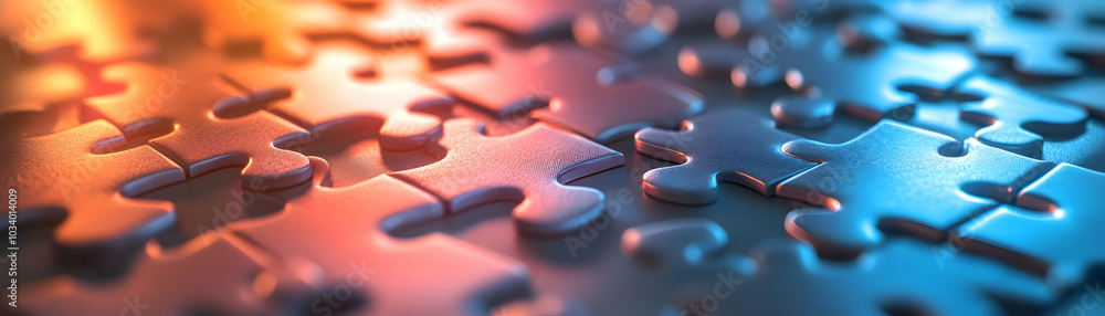 Poster abstract puzzle pieces connecting with bokeh effects - interlocking soft puzzle pieces symbolizing c