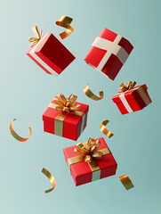 Red and white gift boxes with golden ribbon, falling freely down.