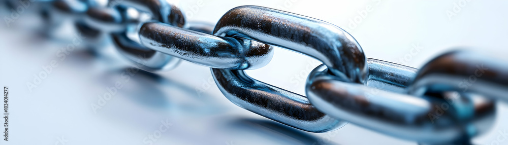 Poster glossy chain links on white background: close-up shot emphasizing connection strength for esg busine