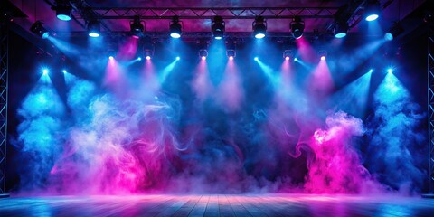 Abstract stage enveloped in deep blue smoke with glowing pink neon lights