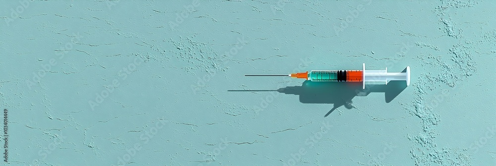 Aufkleber close up view of a medical syringe filled with a transparent liquid casting a long sharply defined s