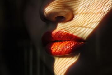 A close-up shot of a woman's face with bold red lipstick