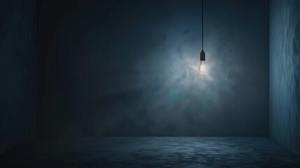 Dark empty room with single flickering light bulb casting long shadows, emphasizing absence of power and eerie atmosphere, minimalist setting with focus on light bulb's glow.