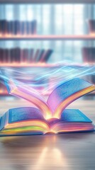 Holographic library with floating books made of pure light, glowing shelves where users can interact with digital texts in real time. 8k, realistic texture, copy space for text