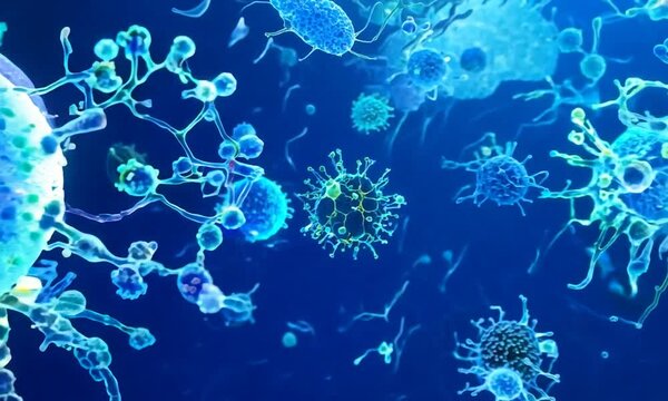 A vibrant microscopic view of bacteria and microorganisms in a colorful, abstract setting.