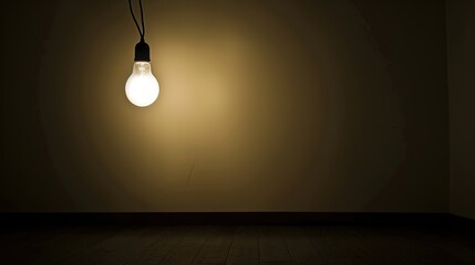 Dark empty room with single flickering light bulb casting long shadows, emphasizing absence of power and eerie atmosphere, minimalist setting with focus on light bulb's glow.
