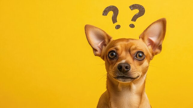A curious dog with a question mark on its forehead, looking puzzled