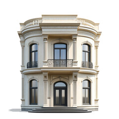 Obraz premium Elegant classic architecture featuring beautifully detailed facade with large windows and decorative balcony. This stunning building showcases timeless design elements