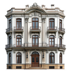 Obraz premium Elegant historic building facade showcasing intricate architectural details and large windows. This stunning structure exudes charm and sophistication, perfect for any urban setting