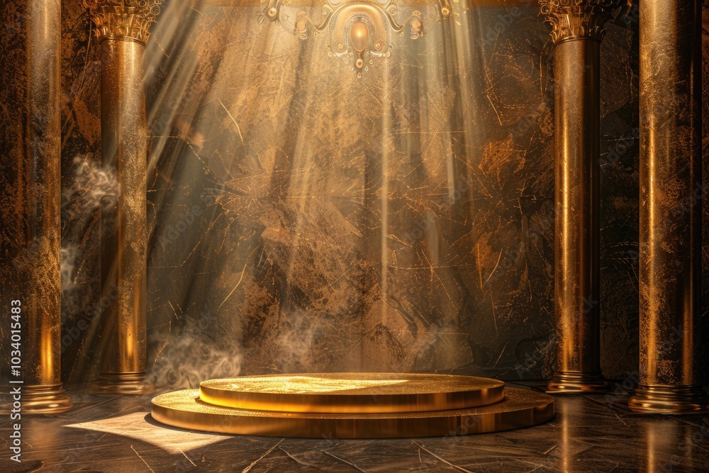 Poster a decorative pedestal with a golden base, surrounded by columns and a chandelier, suitable for inter