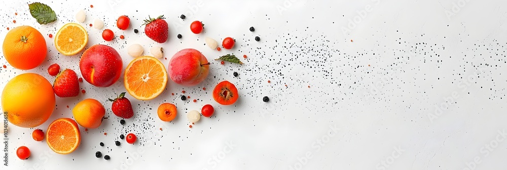 Poster Colorful assortment of fresh fruits scattered in an overhead view on a white marble surface creating a visually appealing and minimalist still life composition