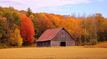 Obraz premium Rustic wooden barn surrounded by vibrant autumn foliage in Vermont