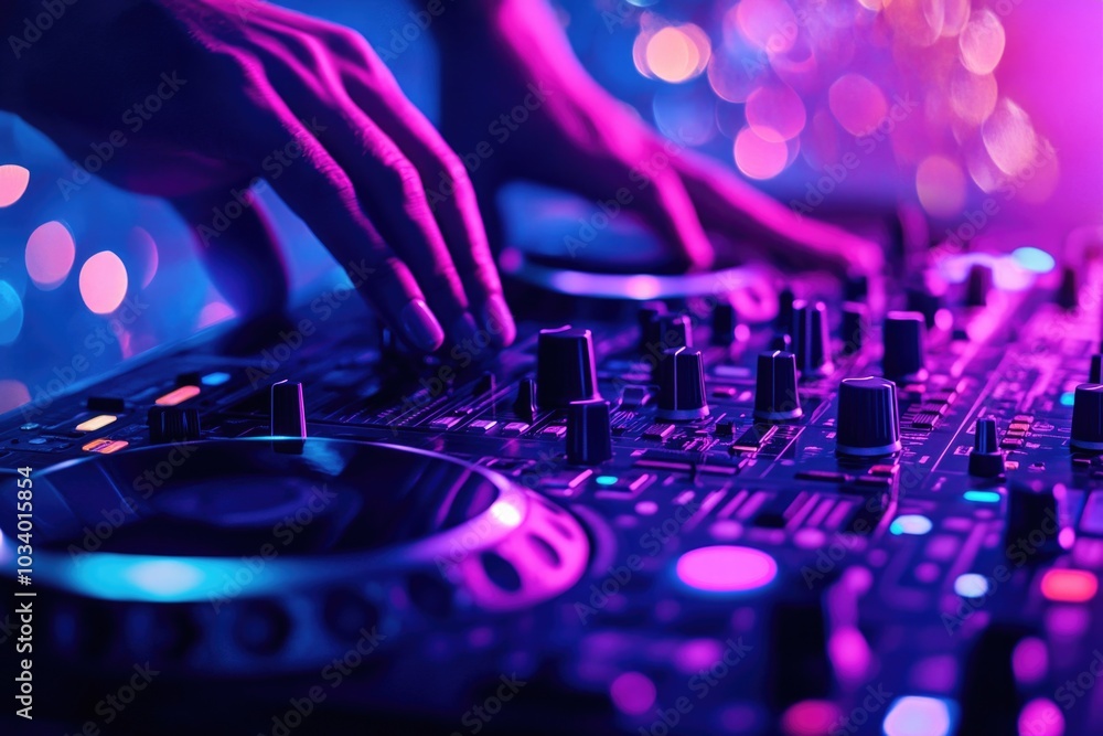 Poster Close-up view of a DJ spinning tracks on a professional mixing console, ideal for use in music-related contexts
