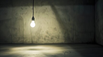 Dark empty room with single flickering light bulb casting long shadows, emphasizing absence of power and eerie atmosphere, minimalist setting with focus on light bulb's glow.