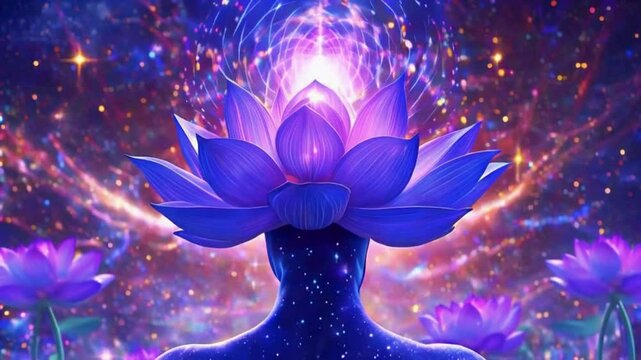 A lotus flower crown chakra blooms top of a meditator's head. petals unfold, waves cosmic energy stardust radiate outward, universal grid of energy, 4k Victor anime-style background Animation Video