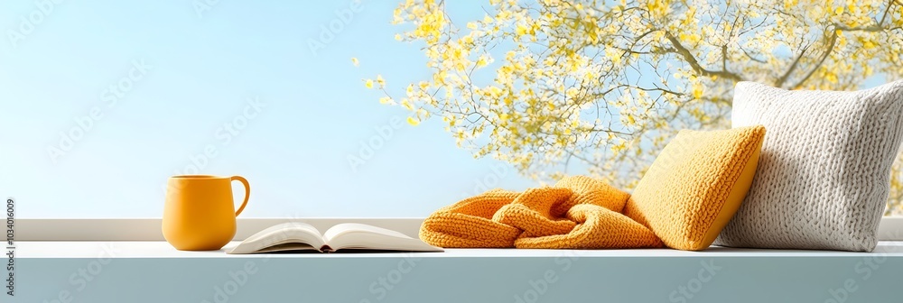Poster cozy reading nook with soft blankets and an open book on the windowsill offering a peaceful retreat 