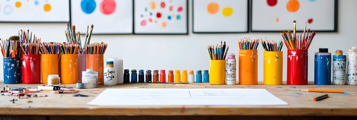 Fototapeta na wymiar Creative Living A Half Finished Sketch and Assortment of Art Supplies Symbolizing the Self Expression of the Creative Lifestyle