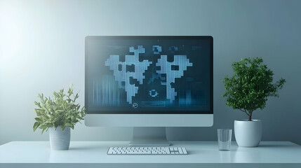 3D Desktop Monitor with Holographic Puzzle Pieces & Globe Concept for Collaboration on Glossy White Desk - Ideal for Creative Projects and Global Environment Themes