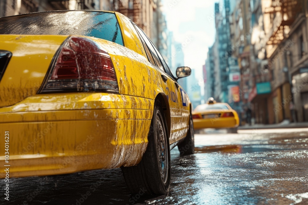 Sticker A yellow taxi cab drives down a busy city street, a symbol of transportation and urban life