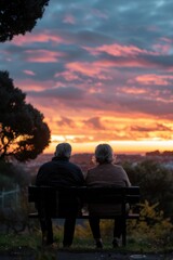 Couple relaxing on a park bench as the sun sets in the background