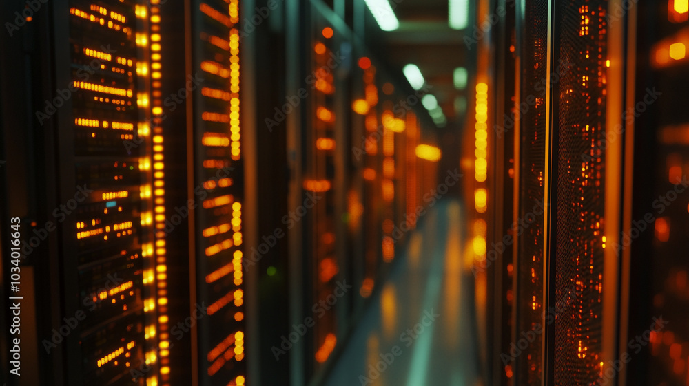 Poster data center with illuminated server racks showcasing technology in operation at night