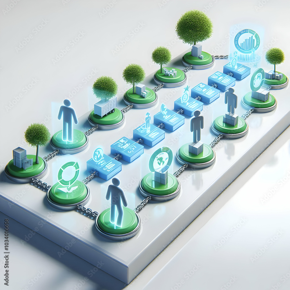 Poster 3d holographic supply chain visualization with environmental impact metrics - dolly shot of greener 