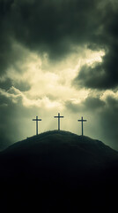The Three Crosses on Calvary in a Cloudy Sky. Christianity and Jesus Christ simbolism.