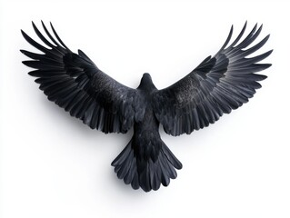 Black bird with large wings spread wide on a white isolate background.