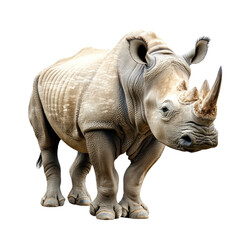 Fototapeta premium Majestic rhinoceros standing proudly, showcasing its impressive horn and textured skin. This magnificent creature embodies strength and resilience in wild