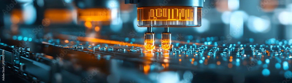 Poster nanobot assembly line: tracking shot of nanobots assembling products with price tags and holographic