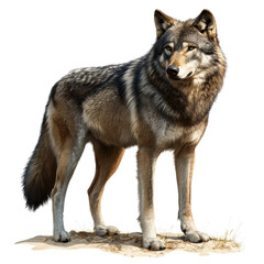Obraz premium Majestic wolf standing gracefully in natural pose, showcasing its beautiful fur and keen expression. This powerful creature embodies spirit of wild