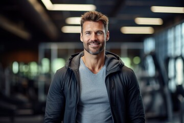Obraz premium Portrait of a happy man in his 30s sporting a rugged denim jacket isolated in dynamic fitness gym background